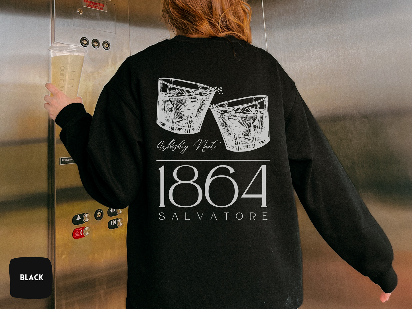 Salvatore Whiskey Glasses Crewneck | Vampire Diaries Inspired Sweatshirt | Cozy TVD Fan Gift | Mystic Falls | Gildan 18000