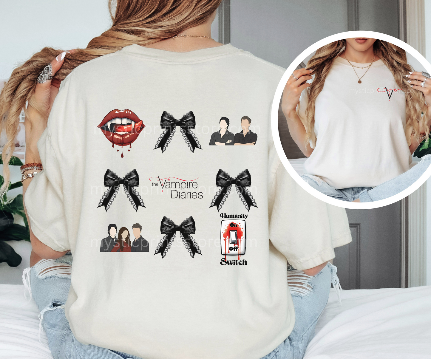 Vampire Diaries T-Shirt - TVD Merch - Mystic Falls Shirt - Mystic Falls Fan Art Tee with Front V Logo