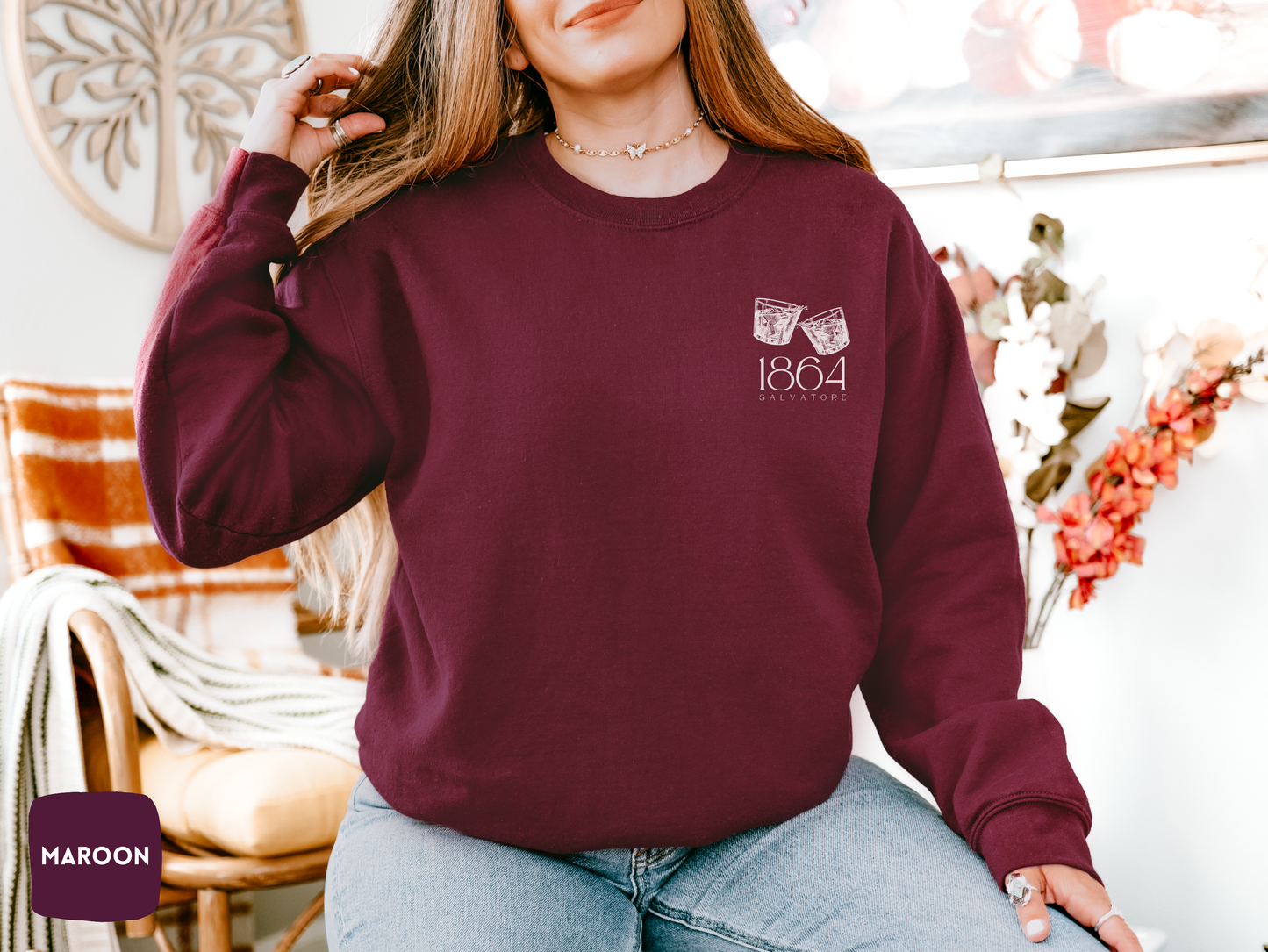 Salvatore Whiskey Glasses Crewneck | Vampire Diaries Inspired Sweatshirt | Cozy TVD Fan Gift | Mystic Falls | Gildan 18000