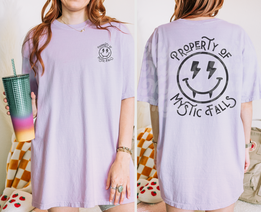 Property of Mystic Falls Shirt | Vampire Smiley Face Graphic Tee | Retro Vampire Diaries TVD Fan Merch Gift