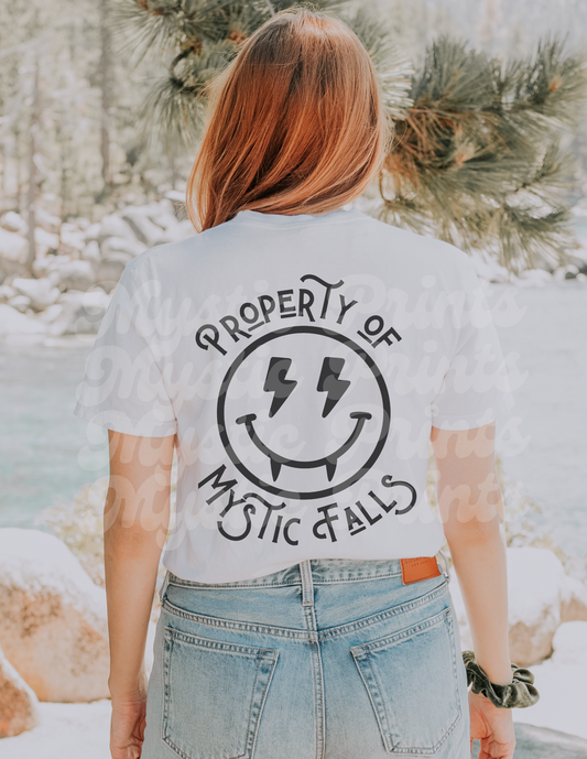 Property of Mystic Falls Shirt | Vampire Smiley Face Graphic Tee | Retro Vampire Diaries TVD Fan Merch Gift
