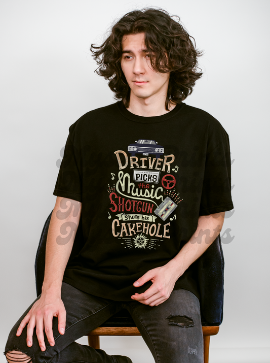 Supernatural Dean Winchester Tee | Driver Picks the Music Shirt | SPN Fan Quote T-Shirt