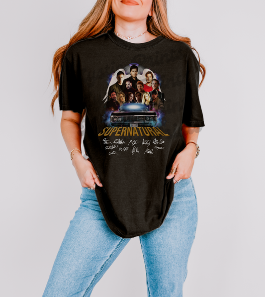 Supernatural Cast Collage Shirt | Impala Graphic & Signature Style Tee | Dean Sam Cas Fan Merch