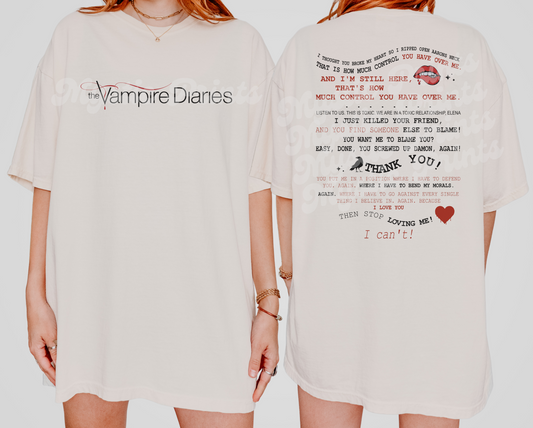 Vampire Diaries Delena Quote Tee | Mystic Falls Fan Shirt | Damon & Elena Living Room Scene Back Print
