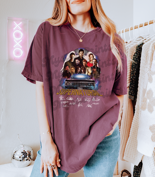 Supernatural Cast Collage Shirt | Impala Graphic & Signature Style Tee | Dean Sam Cas Fan Merch