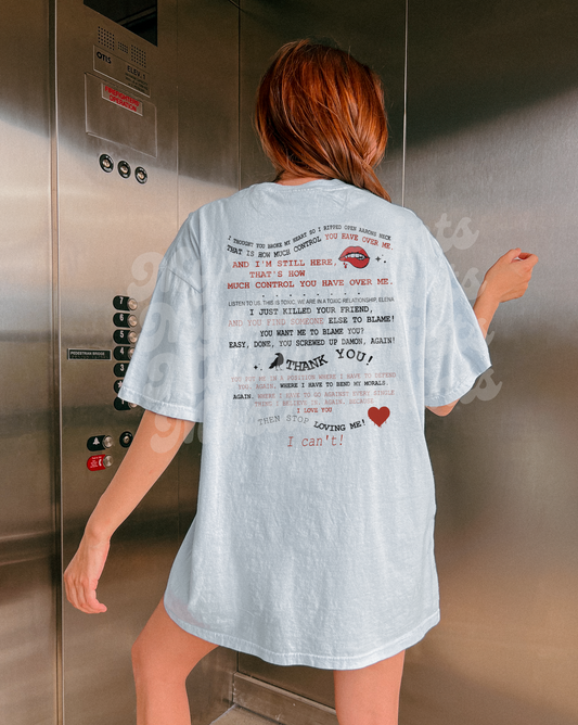 Vampire Diaries Delena Quote Tee | Mystic Falls Fan Shirt | Damon & Elena Living Room Scene Back Print