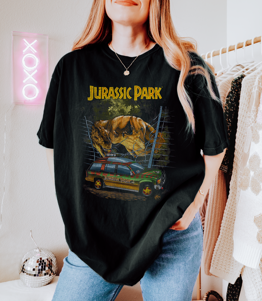 Vintage Dinosaur Graphic Tee – Rexy Attacks Tour Car – Retro Dinosaur Adventure Shirt - 90's FIlm T-shirt