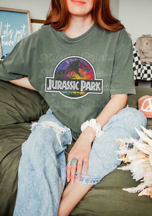 Tie Dye Jurassic-Inspired Shirt – Vintage Dinosaur Graphic Tee – Unisex T-Rex Tie Dye Shirt