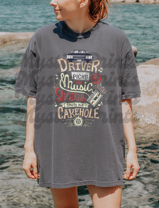 Supernatural Dean Winchester Tee | Driver Picks the Music Shirt | SPN Fan Quote T-Shirt
