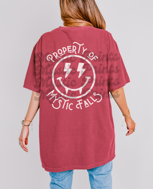 Property of Mystic Falls Vampire Smiley Shirt | White Retro TVD Graphic Tee | Vampire Diaries Merch Fan Gift