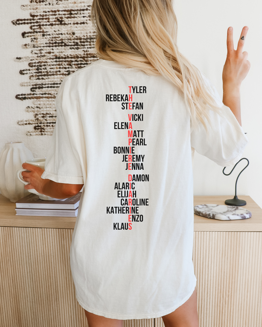 Vampire Diaries T-Shirt | Vampire Diaries Merch | TVD Fan Gift | Mystic Falls Shirt | V Logo Front | TVD Character Names Back