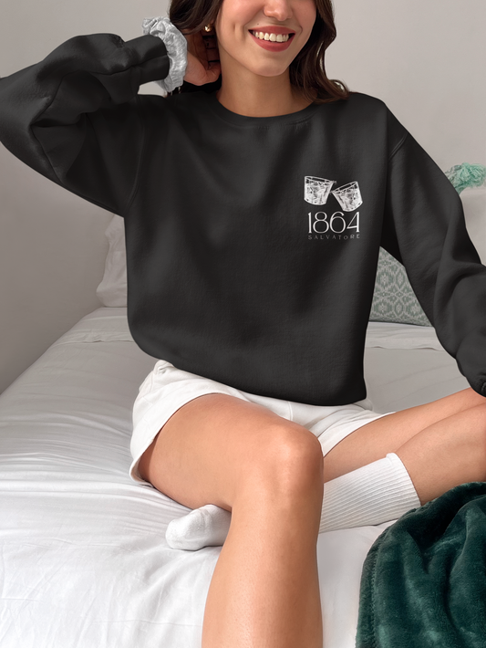 Salvatore Whiskey Glasses Crewneck | Vampire Diaries Inspired Sweatshirt | Cozy TVD Fan Gift | Mystic Falls | Gildan 18000