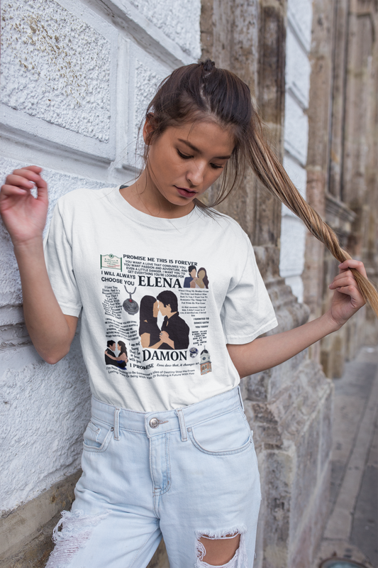 Damon & Elena Vampire Diaries Shirt – TVD Couple Quotes Tee – Mystic Falls Inspired Fandom Merch